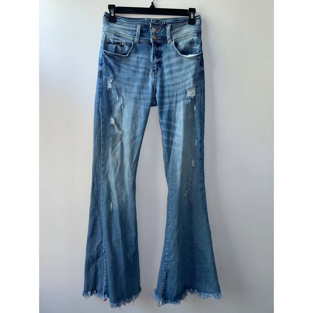 Kancan Signature High Rise Super Flare Jeans Distressed Raw Hem Blue VBK1797L 26